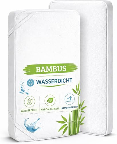 FlyIdeas Set di 2 Coprimaterasso Impermeabile in Bamboo Certificato per Culle, Lettini e Carrozzine | Proteggi – Materasso Salva Pipi Super Morbido e Assorbente (Bianco, 83x50 cm)