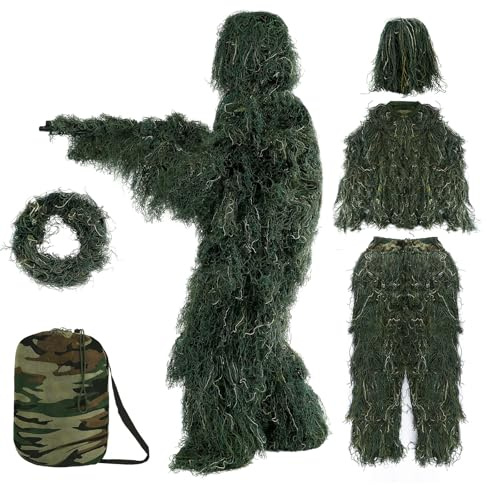 Runpon 5 in 1 Ghillie Suit Outdoor 3D Hunting Apparel Including Jacket Pants Hood Carry Bag Suitable for Unisex Adults Jungle Woodland Hunting Shooting (L（5.9-6.2ft）, Forest Green Woodland)