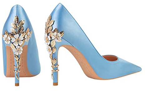 JOEupin Scarpe da donna con tacco alto, tacco a punta, in raso, a stiletto, per feste nuziali, serate, matrimoni, Blu, 38.5 EU