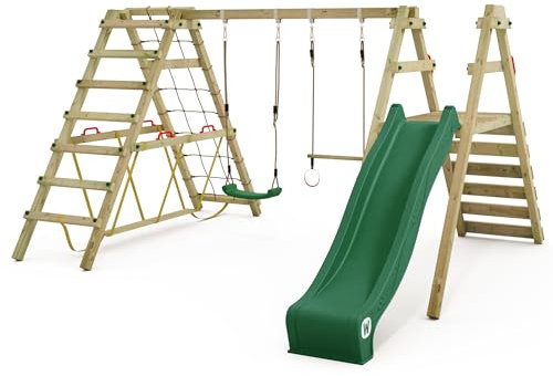 WICKEY Kinderschaukel Schaukelgestell Smart Shake mit Grüner Rutsche und Kletteranbau, Schaukel, Schaukelgerüst, Doppelschaukel, Holzschaukel für den Garten