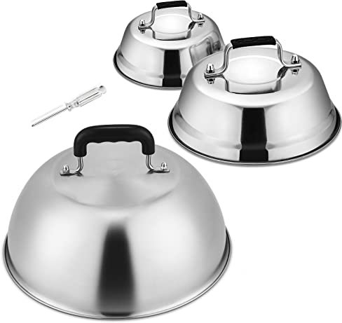 Cheese Melting Dome Set of 3, HaSteeL Stainless Steel Round Basting Steaming Covers, Professional Griddle Grill Accessories for Flat Top Teppanyaki BBQ Cooking Indoor & Outdoor (12” - 9” - 6.5”)