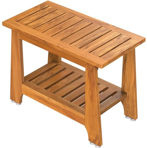 NNN 24 Commercial Teak Shower Bench - 8 Non-Slip Leveling Feet & 350 lbs Capacity | Rock-Solid Stability for Seniors & Spa Safety | Waterproof Design for Saunas/Outdoor Pools (Patented)