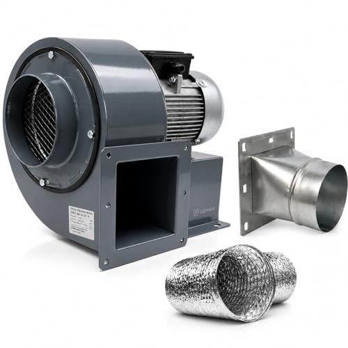 UZMAN Radialgebläse OB200M + 4 eck-rund Flansch und Aluflexrohr, Saugventilator, Radialgebläse, Ventilator, Lüfter, Sauggebläse für Industrie und Gewerbe sowie Haushalt