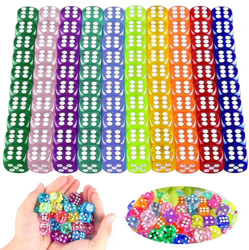 100 Stück Würfel Set 14mm 6 Seitlich Spiel Würfel 10 Transparente Farbe Spiel Würfel Acryl Transparent Würfel Set für Brettspiel, Math Game Party Favor, Familienfeier