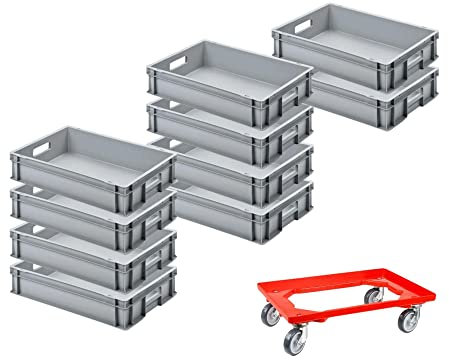 SparSet 10x Eurobehälter mit offenem Griff & 1x Transportroller Rot | HxBxT 12x40x60cm | 21 Liter | Eurobox, Transportbox, Transportbehälter, Stapelbehälter