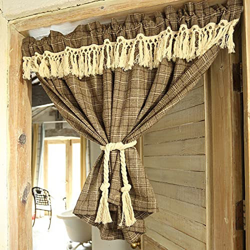 A.Monamour Gardine Scheibengardinen Kurzstores Bauernhaus Verdunkelung Braun Karierter Stoff Mit Quasten Kurzvorhang Kurzgardinen Küchengardine Küche Vorhang Fenster Kurz Stores Bistrogardine