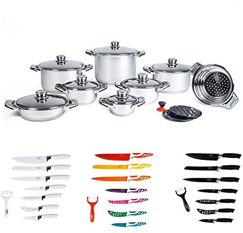 A.M.C. Set batteria di pentole e tegami in acciaio inox 18/10, tradizionale e induzione kit 18 pz con omaggio set coltelli in ceramica antibatterici da 8 pz, fondo con triplo strato incapsulato