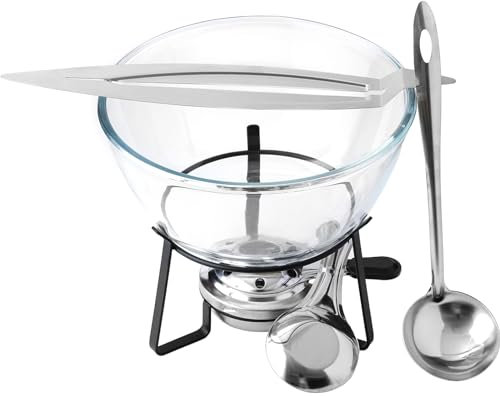 Feuerzangenbowle Set, inkl Zuckerzange, Glasschale, Schöpfkelle, Edelstahl Brenner, Gestell verchromt, für ca. 2,7 Liter Flüssigkeit, Ø23cm, 11 cm Höhe