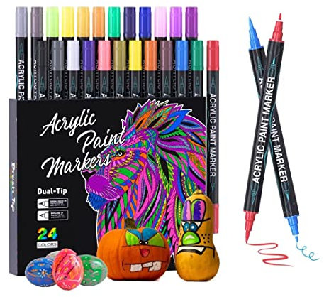 TrendGate 24 Farben Acrylstifte für Steine Wasserfest, Doppelspitzen Stifte Steine Bemalen Wasserfest, Acrylstifte für Holz, Leinwand, Glas, Papier, Keramik, Ostereier, Deko, DIY Fotoalben, usw.