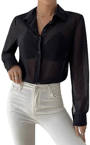 GORGLITTER Chemisier Transparent pour Femmes - Débardeur en Dentelle Transparente - Blouse en Mousseline Décontractée sans Soutien-Gorge, Noir , M