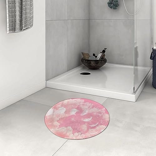 DHAEY Badezimmerteppich rutschfest Rosa und weiße Wolke mit Mondphase und Sternen Waschbar Teppich rund Weich Flauschig Badteppich Weich Kurzflor Mikrofaser Badvorleger 60 cm