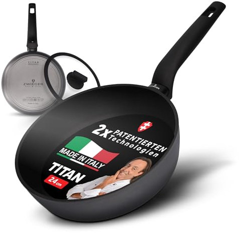 ZWIEGER Tiefe Bratpfanne 24cm mit Deckel – Beschichtete Pfanne 24 cm Induktion, Edelstahlboden, für alle Herdarten (inkl. Induktion) geeignet – Antihaft, PFOA- & PFOS-frei, Spülmaschinenfest