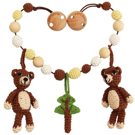 Sindibaba Multifunctional Pram Chain Bear Ben (50 cm, Crocheted, with Rattles) Organic - Sustainable Baby Toy with Soft Crochet Stuffed Animals for Hanging on Pram and Cot