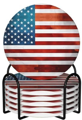 Runde Form, 6 Keramik-Untersetzer, Vintage-Stil, amerikanisches USA-Flaggenmuster: rutschfester Korkboden, passend für alle Kaffeetassen, Sportbecher und -becher