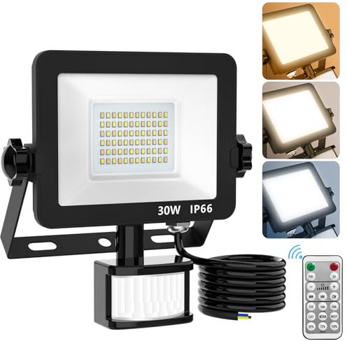 Jayencer LED Security Lights Motion Sensor Light Outdoor,PIR Light with 3 Color Adjustment, IP66 Waterproof with Remote Control for Garden, Backyard, Garage, Doorways (30W)