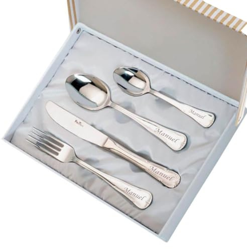 Curia Grabador - Juego de Cubiertos de Comunión Cadete Personalizados | Grabado con Nombre y Fecha | Estuche de Regalo Incluido, Acero Inoxidable 18/10 Modelo Paris (Modelo Paris)