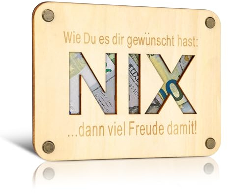 TAKULA Nix Geschenk Holzbox – Geldverpackung für Männer zum Geburtstag | Massives Holz, 16x12 cm, inkl. Zubehör.Perfekte Geldgeschenk-Idee für Geburtstag, Weihnachten oder als lustiges Nix-Geschenk.