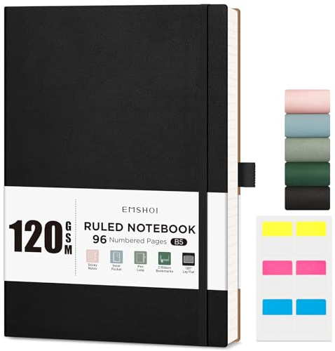 EMSHOI B5 Lined Notebook, 96 Numbered Pages, Softcover, 120GSM, Black | 120GSM College Ruled Paper, Composition Notebooks with Free Sticky Notes for Women Men Office School, 19 X 25 cm
