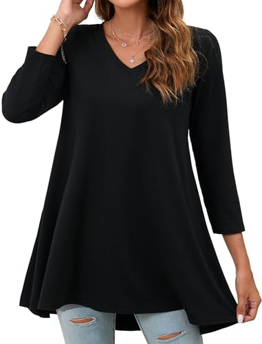 Enmain Tunica Donna Nero Maglietta Donna Manica Lunga 3/4 Scollo V Maglia Taglie Forti Camicetta Longline Donna Elegante Comfort Tinta Unita, XL