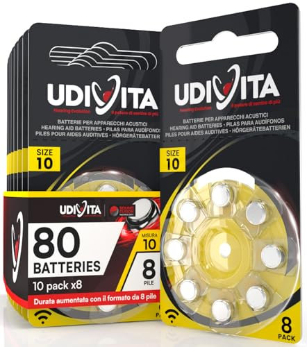 80 Batterie Per Apparecchi Acustici Auricolari Udivita Misura 10 PR70 (Gialle) Tecnologia Phono Pulse - 10 Blister da 8 Pile
