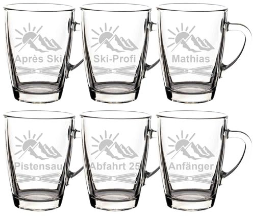 LUXENTU Glasbecher mit personalisierter Gravur, Kaffeebecher 300 ml, Klassischer Becher für Kaffee Tee und Glühwein, Individuelle Lasergravur, Set für Freunde & Familie, Motiv: Après Ski, 6 Stück