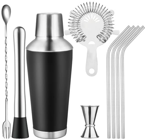 Premium Cocktail Shaker Set 9-teiliges, 740ML Edelstahl Martini Shaker, Elegantes Barkeeper Set mit Muddler, Sieb, Mixlöffel, Jigger & Strohhalm
