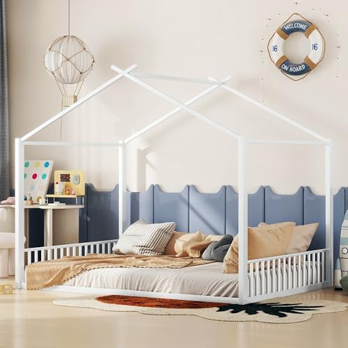 Billg Kinderbett Hausbett 140x200cm, Bodenbett Hausbett für Mädchen/Jungen, Kinder Bett aus Metall und MDF, Stabiles Jugendbett Kinderhaus, Kinderbett mit Dach und Lattenrost(Ohne Matratze)