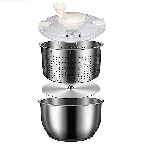 Grande centrifuga per insalata in acciaio inox con ciotola da 6 l, per pulire la lattuga, ideale per patatine fritte, cestello di scarico in acciaio inox e coperchio in PP incluso