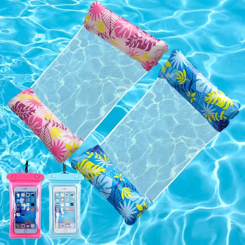 KBIBCK 4 in 1 Water Hammock, 2 PCS Inflatable Pool Floats with 2PCS Waterproof Phone Case, Inflatable PoolHammock for Adults, Portable Swimming PoolHammock, Relaxing Pool Float for Beach Summer