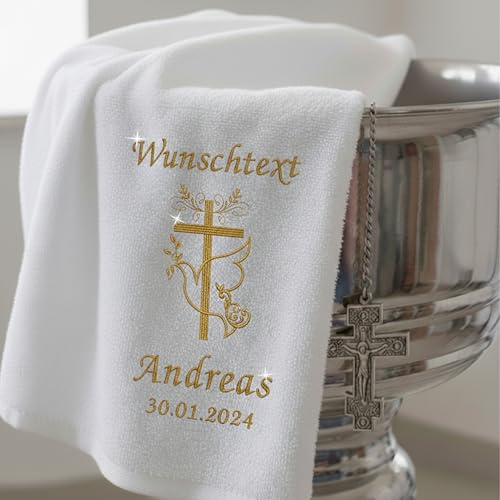 Zur Heiligen Taufe, Taufe,Taufdecke, Baby,Decke für Taufe, Tauftuch, taufen, mit Namen und Datum gestickt, Stickerei Taufe Kreuz, meineTaufe, 100% Baumwolle (Glitzer Gold Duschtuch, 140cm x 70cm)