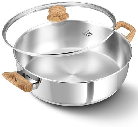 KOCH SYSTEME CS 12 Inch Stainless Steel Saute Pan with Lid, 5.5 Quart Deep Frying Pan with Double Handles, 18/10 Stainless Steel Pan with Cool-Touch Bakelite Handle, Deep Frying Pan, Induction Ready