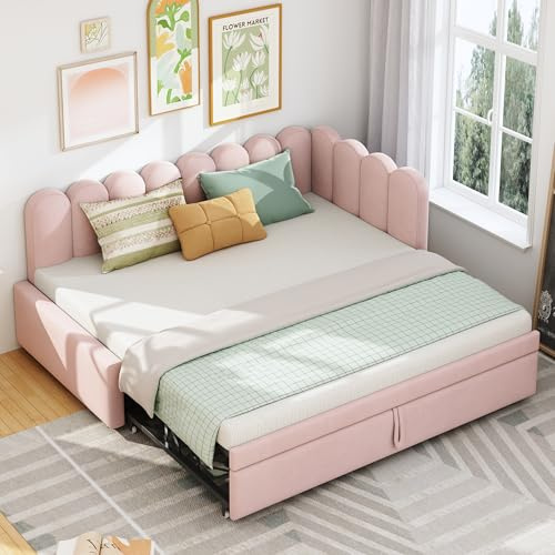 L-Form Ausziehbares Schlafsofa 90/180x200, Polsterbett Tagesbett mit geblümter Rückenlehne&Ausziehbett&Lattenrost, Einzelbett/Doppelbett Sofabett Jugendbett Gästebett, Samtstoff, Ohne Matratze, Rosa