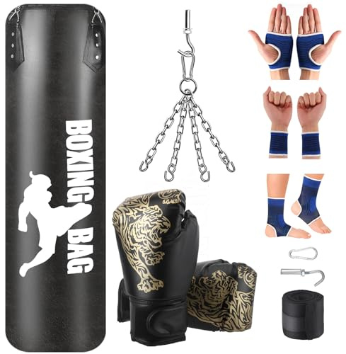 Boxsack Hängend für Erwachsene, 120cm/4ft Box Set für Jugendliche Kinder Unisex, Indoor/Garten Ungefüllter Boxsack Kit mit Boxhandschuhen, Wraps, Kette, Deckenhaken für MMA Grappling Muay Thai Karate