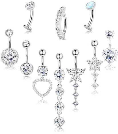 Chriscoco 10pcs 14G Bauchnabelpiercing Chirurgenstahl Bauchnabelpiercing Silber Belly Piercing Bauchnabel Ring CZ Opal Schmetterling Bauchnabel Piercing Hängend