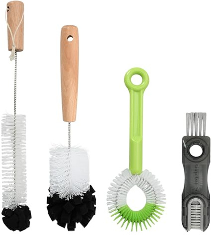 Rieoany Flaschenbürste Set 4-teilig, Flaschenreiniger Bürste mit Holzgriff, Strohhalm Bürste, Reinigungsbürste & Flaschenbürste Lang, Ideal für Thermosflaschen, Trinkflaschen und Karaffen