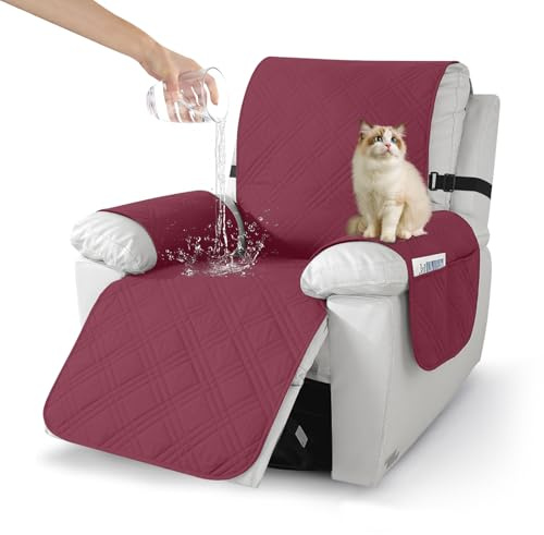 Bocguy Sesselschoner, Sesselbezug Wasserdicht, Sessel Überzug mit Seitentaschen, Sesselhusse Armlehnenschoner, rutschfest Sesselauflage für Relaxsessel und Fernsehsessel Maschinenwaschbar(Rotwein)