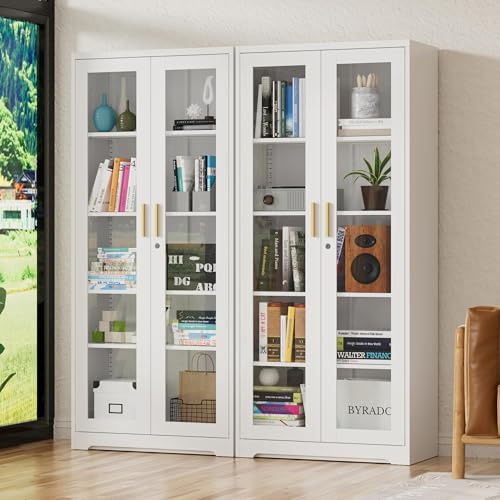 TIMELESS PIECES 180cm 5-Lagen Glasvitrine Metall Abschließbar und Glastüren | Glasvitrine Stehend Weiß Vitrinenschrank mit 4 verstellbaren Ablagen,Sammlervitrine für Schlafzimmer Wein,Büro,40x80x180cm