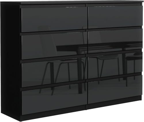 meble masztalerz Kommode 140, 8 Schublade, Schwarz Hochglanz Fronte | Kommodenschrank 138, 5x101, 5x39 cm, Moderne Schubladenschrank, Sideboard für Wohnzimmer, Flur & Schlafzimmer