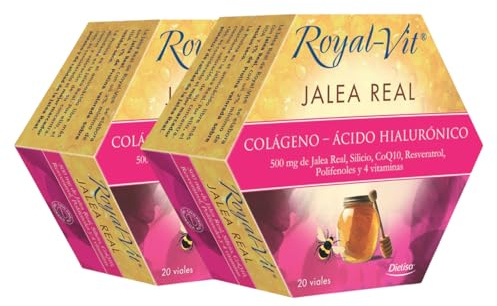 Royal-Vit - Jalea Real Colágeno Ácido Hialurónico, Complemento Alimenticio con 500mg de Jalea Real, Colágeno, Ácido Hialurónico, Silicio, CoQ10, Resveratrol y Polifenoles, 40 viales (Paquete de 2)