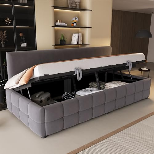 Arhatreya Schlafsofa 90x200 cm, Sofabett mit Hydraulischem Stauraum, Polsterbett mit Lattenrosten, Einzelbett Tagesbett für Wohnzimmer Schlafzimmer (Ohne Matratze) Samtstoff Dunkelgrau