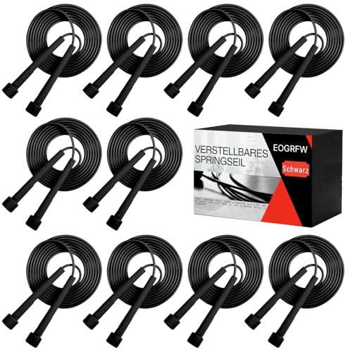 EOGRFW 10 Stück Verstellbare Springseil, PVC Rope Skipping Seil Leicht, Seilspringen mit Kunststoffgriffen, Springseil für Fitness und Training, Länge 285 cm, Schwarz