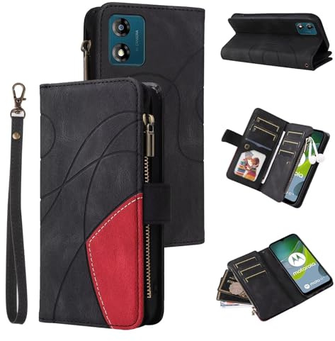 Funda para Motorola Moto E13, Estilo Retro, con Cremallera, Piel sintética, Suave, Cierre magnético, 9 Tarjetero, función Atril, Cartera con Correa, Negro