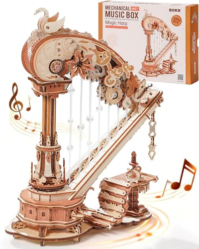 ROKR 3D Puzzle Magic Harp Music Box, Buildable Model Kit with Mechanical Movement & Ave Maria Melody, Elegant Home Decor for Desk & Shelf