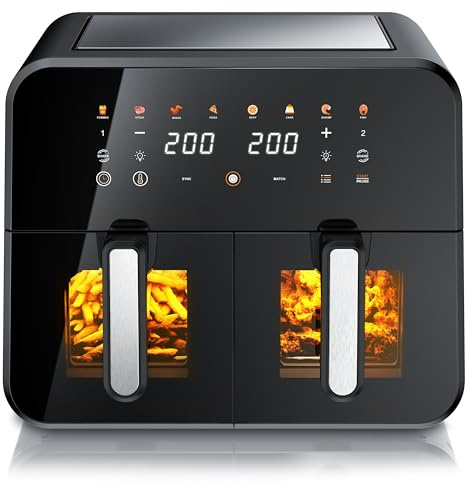 Arendo - XXL Heißluftfritteuse 11 Liter - 2 Kammern mit Fenster - extra Groß Dual Zone - Backofen Umluft - Grill - Airfryer mit Fenster - Dörrautomat - Fritteuse ohne Öl - Pizza Hähnchen Pommes