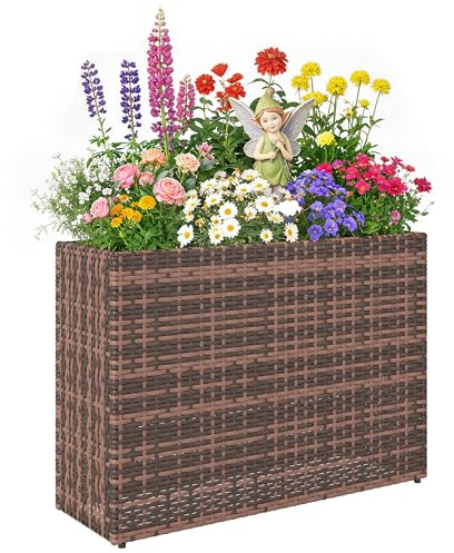Outsunny Letto per Orto Rialzato da Esterno 45L in Rattan Fioriera Marrone | da Balcone, Struttura in Acciaio, Fori di Drenaggio, Piedini Regolabili, per Piante Fiori Verdure