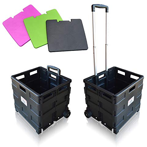 Pack and Go Folding Shopping Trolley, Boot Cart With Wheels, Capacity 40kg, Shopping Camping Fishing Festival Cart, (Black Trolley including Lid) - Sun Leisure®