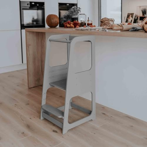 Torre di apprendimento, Cucina Helper cucina sgabello sicurezza sgabello Toddler passo sgabello ragazzino Scaletta/sgabello attività Torre sgabello di Montessori (Grigio)