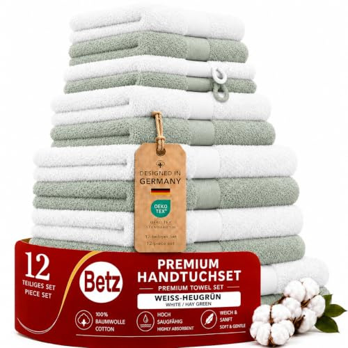 Betz Premium Handtuch-Set 12-teilig – 100% Baumwolle – Oeko-TEX® Zertifiziert – 470 g/m² – 2 Duschtücher, 4 Handtücher, 2 Gästetücher, 2 Seiftücher & 2 Waschhandschuhe - Farbe weiß/heugrün