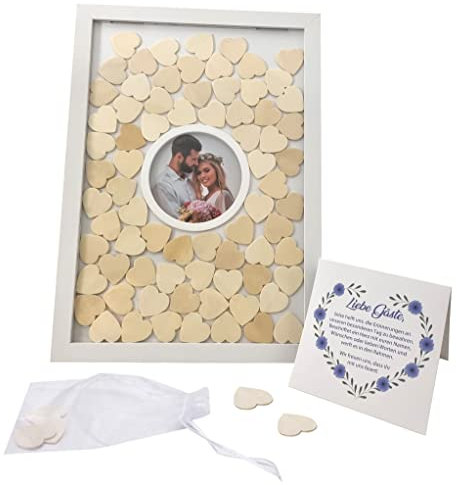 Jandiklee Hochzeits Gästebuch Holzrahmen inkl. Herzen aus Holz; Bilderrahmen zum Befüllen (Fotorahmen rund)