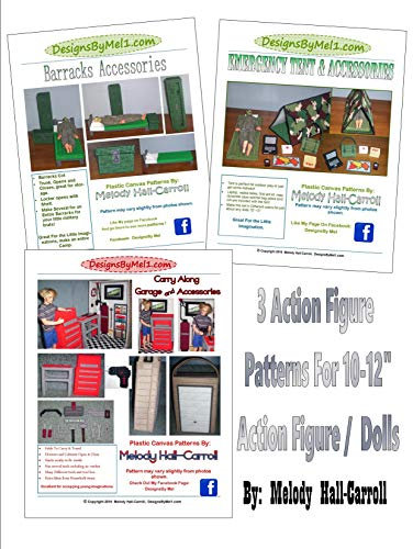 3 Action Figure Patterns for 10 - 12 Action Figures / Dolls: Plastic Canvas Patterns - Carry Along Garage, Barracks & Emergency Set